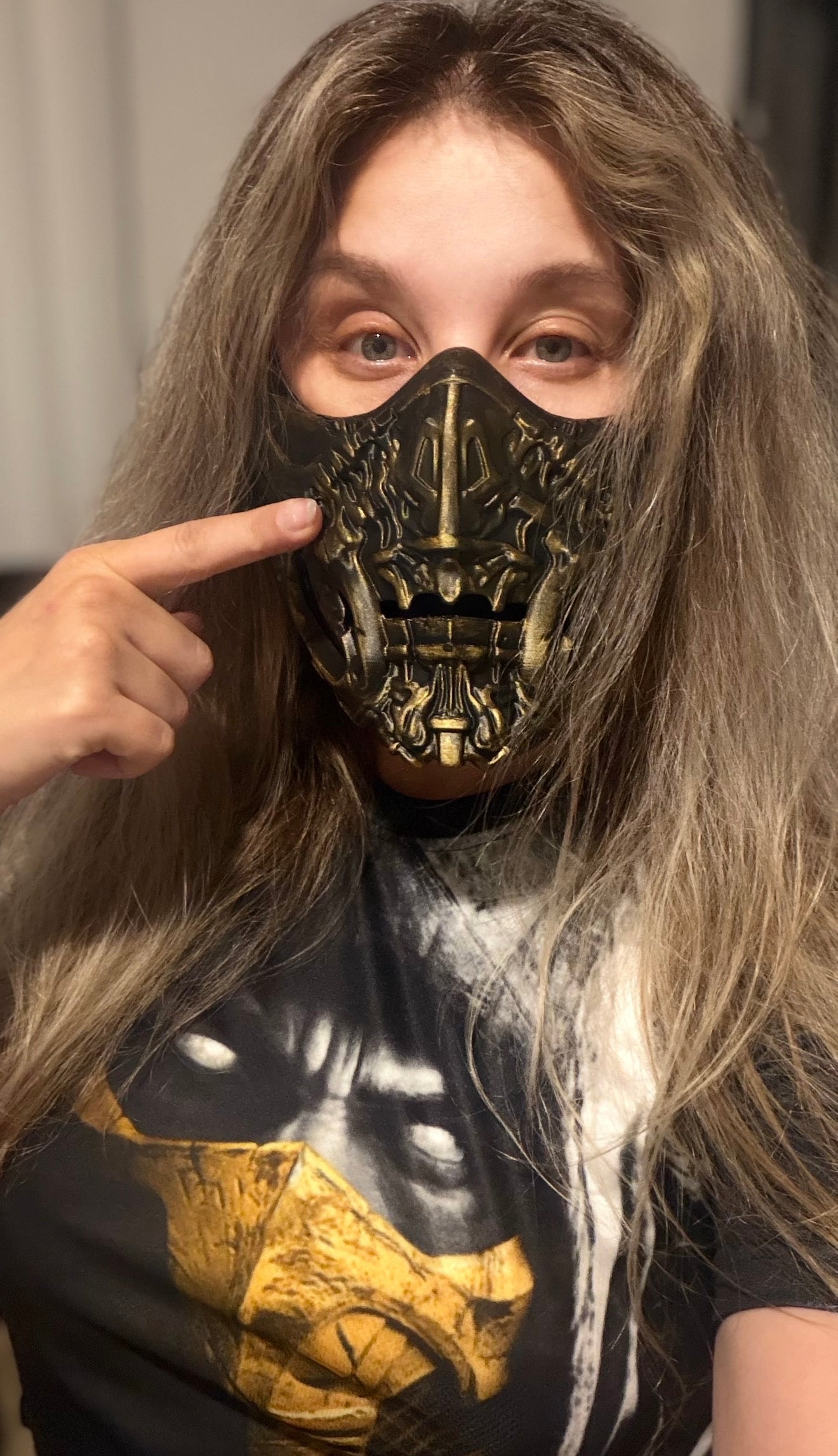 Hand painted finish on Scorpion mask, Mortal Kombat 2026 movie replica